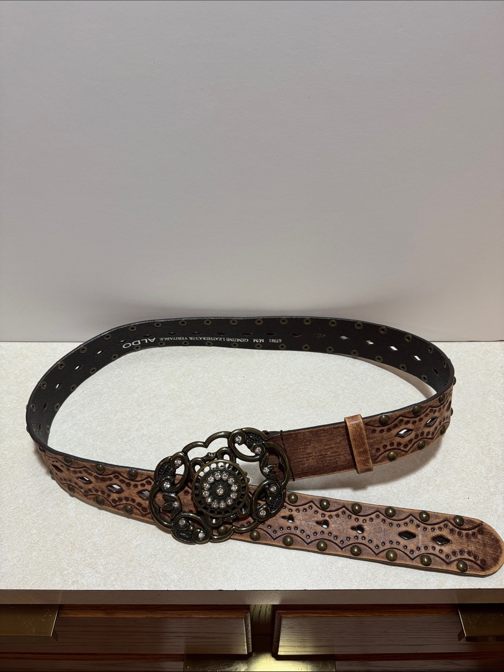ALDO Brown Leather Western-Style Belt with Ornate Floral Buckle